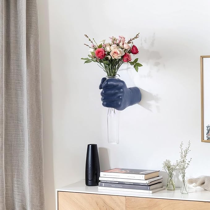 Gold Hand Wall Vase Sculpture for Kinetic Art, Unique Spooky Decor, Hanging Decoration for Living Rooms, Entrance, Palmistry Statue (Blue)
