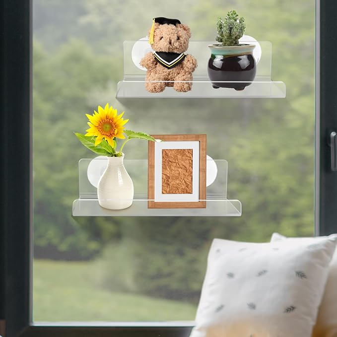 2-Pack 6'' Clear Acrylic Modern Window Mount Floating Shelf, 2 Shelves, 2 Inch Depth, 5 lbs Max Weight, Space Saving, No Drilling, Suction Cup, Bathroom, Kitchen, Wall