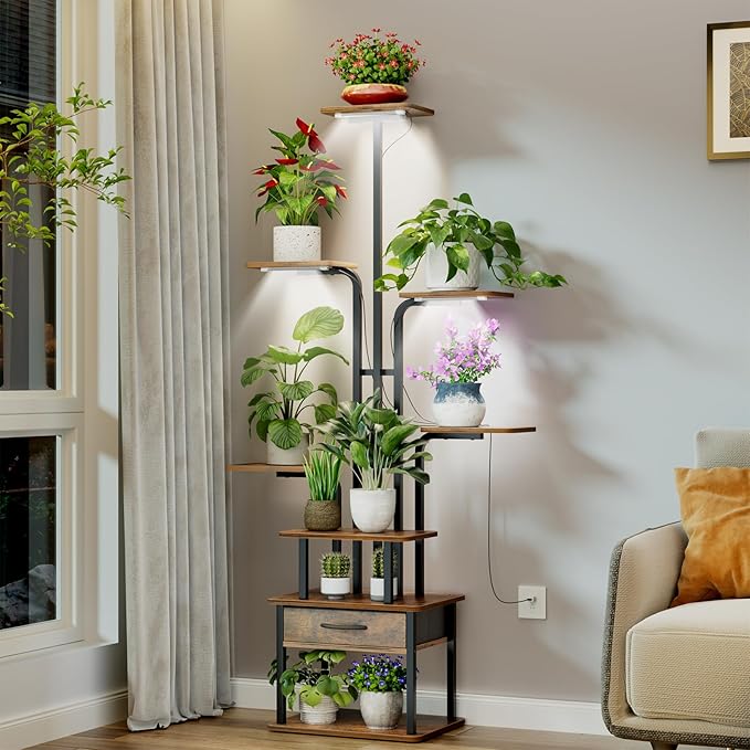 REFGY 8-Tier Tall Plant Stand with Grow Lights, Indoor Multi-Tiered Metal Plant Shelf with Large Storage Drawer, Heavy Duty Flower Pot Stand for Living Room, Bedroom, Balcony, Rustic Brown