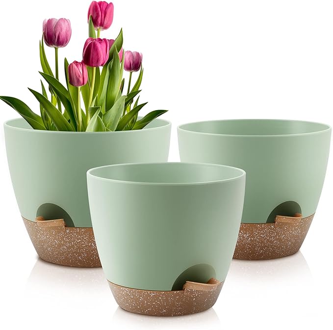 QRRICA Plant Pots 10/9/8 Inch Self Watering Pots, Set of 3 Plastic Planters with Drainage Holes and Saucers,Plastic Flower Pots,Nursery Planting Pot for Indoor Out Door Plants（Green）