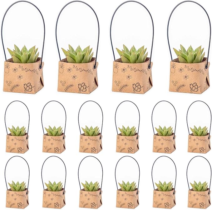 40Pcs Succulent Wrap Bags (fits 2 inch pots), Mini Kraft Succulent Favour Box Basket with Handle for Wedding, Baby Shower, Succulent Party Favours for Guests