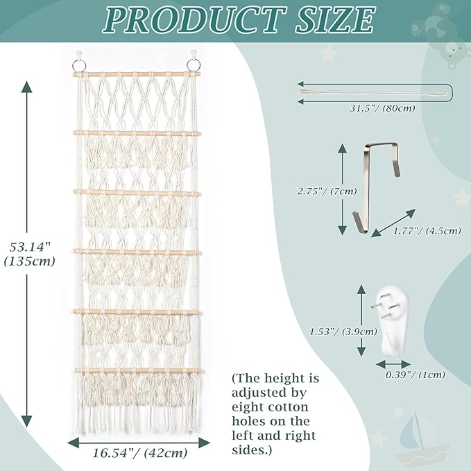 42cm Wide Over the Door Stuffed Animal Storage Hammock Corner Wall Hanging Storage Holder Boho Macrame Plush Toy Organizer Net for Stuffed Animal (Beige)