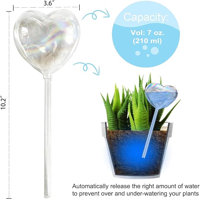 Kingbuy Self Watering Spikes Plant Watering Globes Iridescent Color Heart Shaped Glass Water Bulbs Devices for Plants, 2 Pack