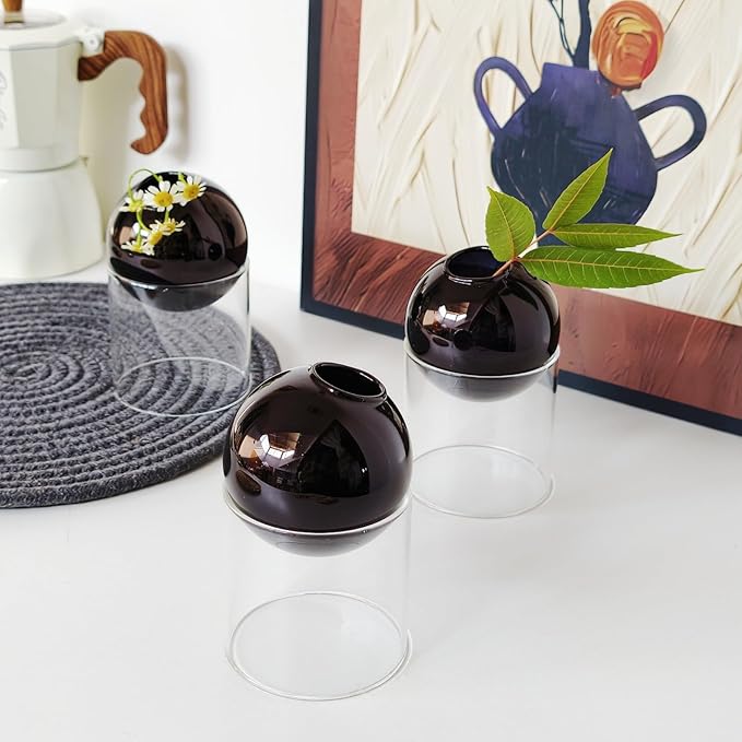 3-Pack Modular Black Glass Vase Set | Minimalist Aesthetics Bud Vase & Desktop Glass Planter with Clear Stand, Small Flower Vase