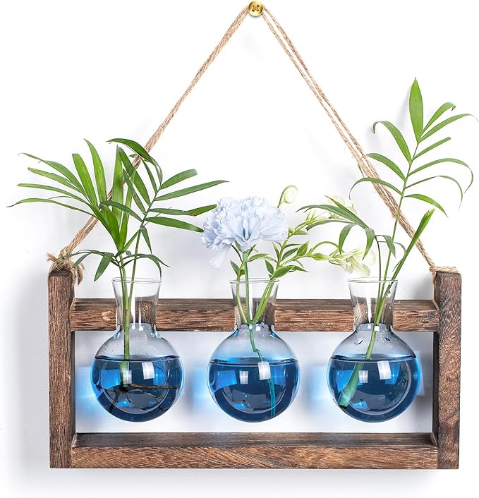 Plant Propagation Station with Wood Stand - Wall Glass Terrarium for Cuttings Air Plants Small Flower Pothos - Gift for Women Plant Lovers (Gradient Blue)