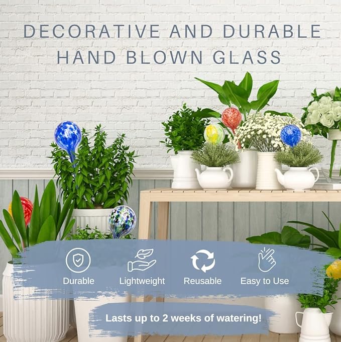 Lexi Home Aqua Globes for Indoor & Outdoor Plants, Self Watering Planters, Hand Blown Glass Watering Can, 2 Pack - Blue