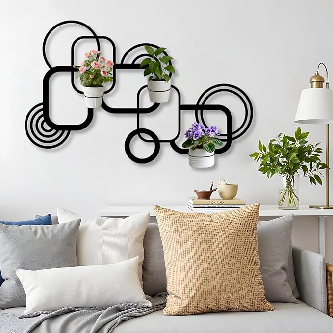 OZF Geometric Metal Wall Mounted Plant Holder, Metal Wall Plant Holder for Indoor, Geometric Line Hanging Planters for Living Room,Office (Black, 24"x 14"| 62x38cm, 2 Pack 5" Flower Pot Holder Ring)
