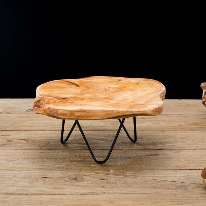 TJ Global Natural Edge Wooden Stand with Hairpin Legs for Displaying Cakes, Plants, Candles, Decor (L9 x W8.5 x H4)