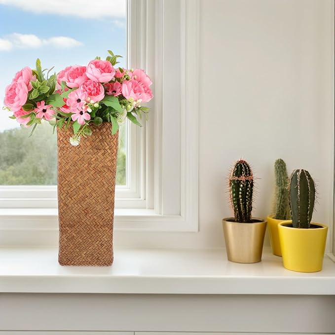 Rustic Large Woven Flower Basket Vase 14x14x38cm Seagrass Dried Flower Holder Boho Home Decor Planter for Indoor Floral Arrangement