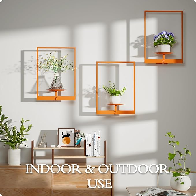 Orange Metal Wall Plant Holder - 3-Pack Wall Mounted Plant Stands and Hanging Holders for Indoor Planter and Flower Pot -Rectangle Decor Shelf for Plant Storage (Pot Not Included)