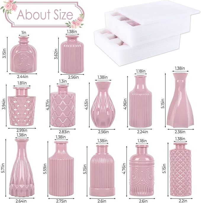 TBWIND Blush Pink Glass Bud Vase Set of 12 – Mini Vintage Vases for Flowers, Centerpieces, Wedding & Home Décor