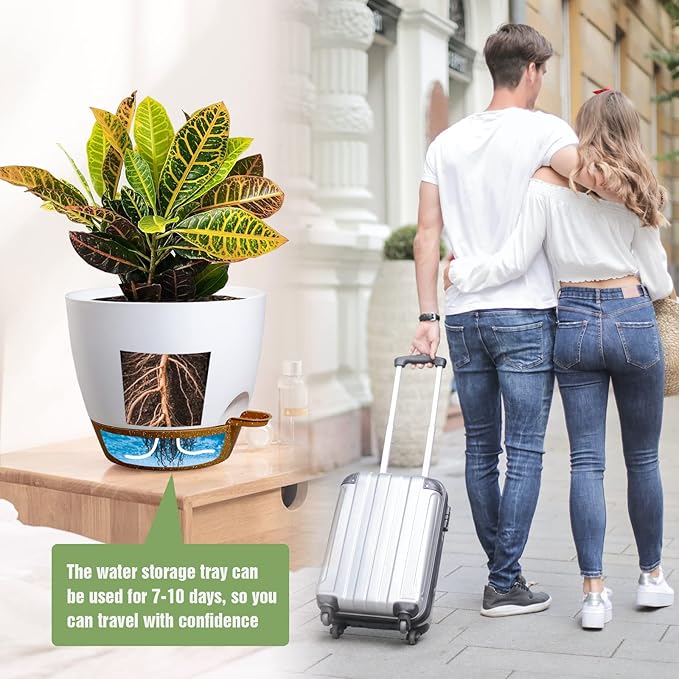 UOUZ Large Self Watering Pots, 12/10/9 Plastic Planters with High Drainage Holes and Deep Reservoir for Indoor Outdoor Garden Plants and Flowers, White with Brown