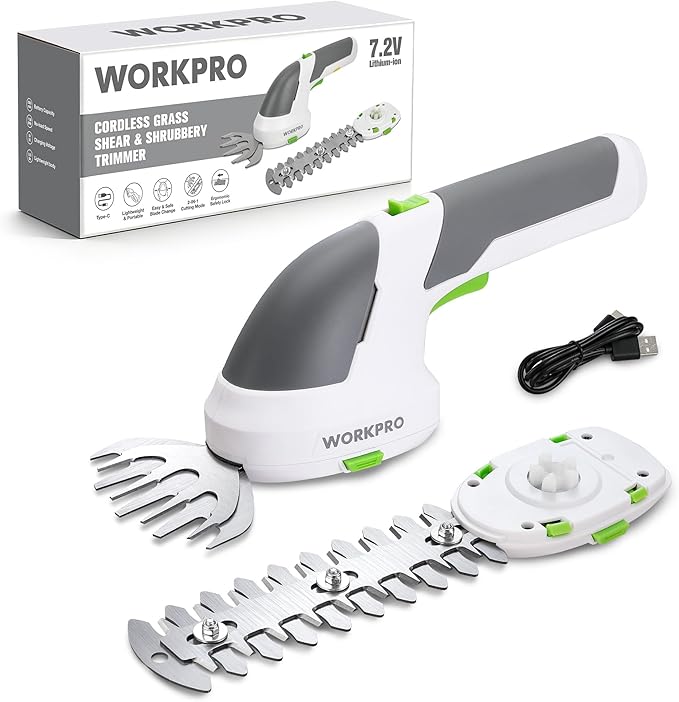 WORKPRO Cordless Grass Shear & Shrubbery Trimmer - 2 in 1 Handheld Hedge Trimmer 7.2V Electric Grass Trimmer Hedge Shears/Grass Cutter Rechargeable Lithium-Ion Battery and Type-C Cable Included