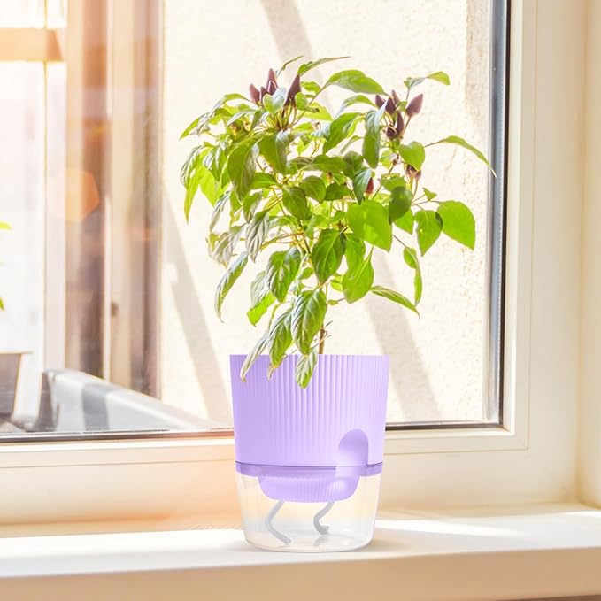 3 Pack - 5.5 Inch Self Watering Planter Pots for Indoor Plants - African Violet Pots with Wick Rope - Purple
