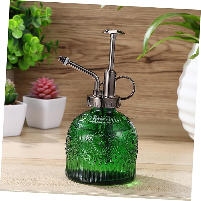 Baluue Embossed Glass Plant Mister Spray Bottle with Thick Non Slip Glass for Indoor Watering and Cleaning Elegant Green and Antique Design Water Sprayer