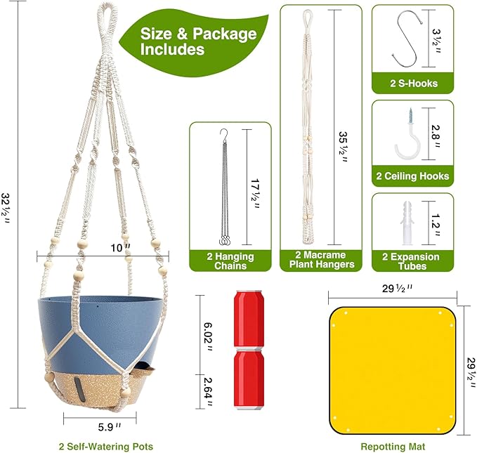 LEWESU Set of 2 Hanging Planters for Indoor Plants with Self Watering Includes Hanging Pots and 2 Types Plant Hangers, Outdoor Hanging Baskets Holder for Home Garden, 10 Inch Aegean Blue