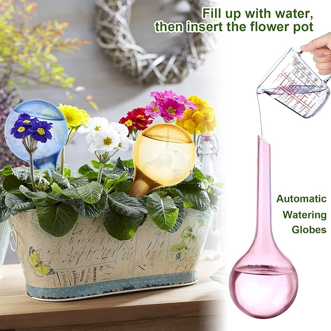 Droutti 4 Pack Plant Watering Globes Colored Self Watering Globes Automatic Watering Bulbs Plastic Plant Water Globes Drip Irrigation Device for Indoor Outdoor Plants (26.5×8 cm)