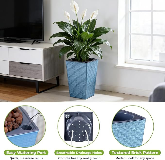 Self Watering Pots for Indoor Plants, 2 Pack Flower Pots Self Watering Planter 10.7" x 6.9" Plastic Pots African Violet Wick and Grow Pots Tall Orchid pots Square Large Plant Pots, Blue