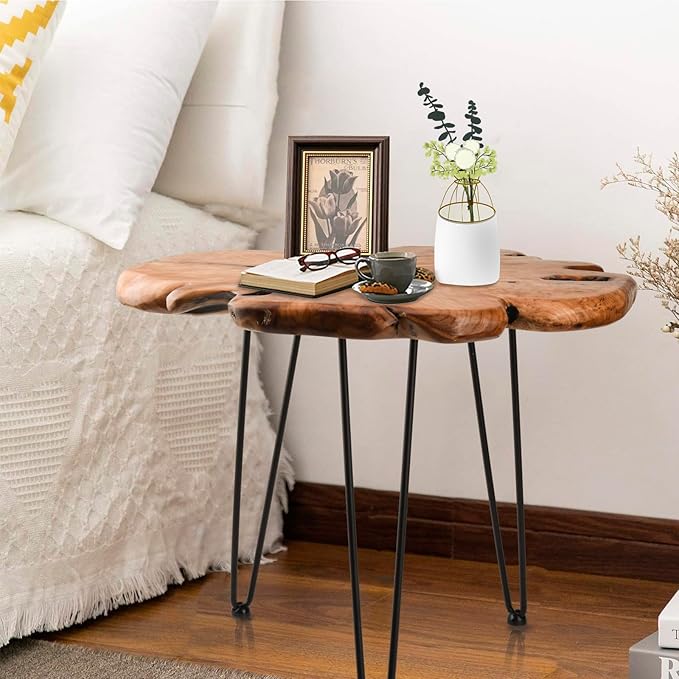 23.6 Inch Live Edge Side Table, Wood Freeform Small End Table with Waterproof, Rustic Accent Table Unique for Living Room, Bedroom, Home