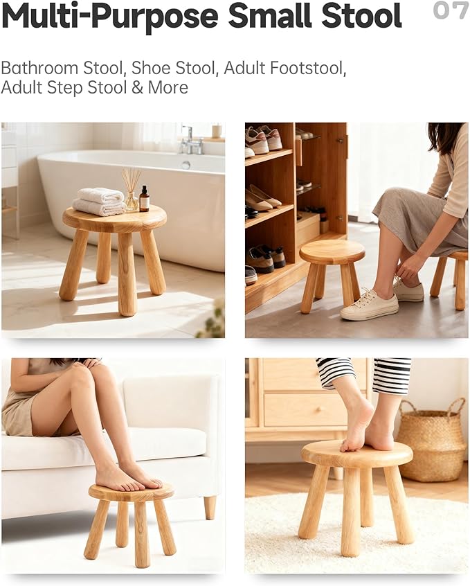 Small Solid Wood Stool, 10" Round Wooden Step Stool for Kids & Adults, Sturdy Plant Stand, Low Sitting Stool for Bathroom, Bedroom & Nursery, Easy Tool-Free Assembly, Natural (1 Pack)