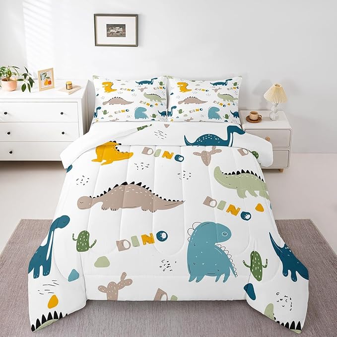 Feelyou Cute Dinosaur Comforter Set Cartoon Cactus Bedding Set Decor Jungle Dino Boho Succulent Comforter Wild Animal Pattern Yellow Grey Duvet Set Bedroom Quilt Set 3Pcs King