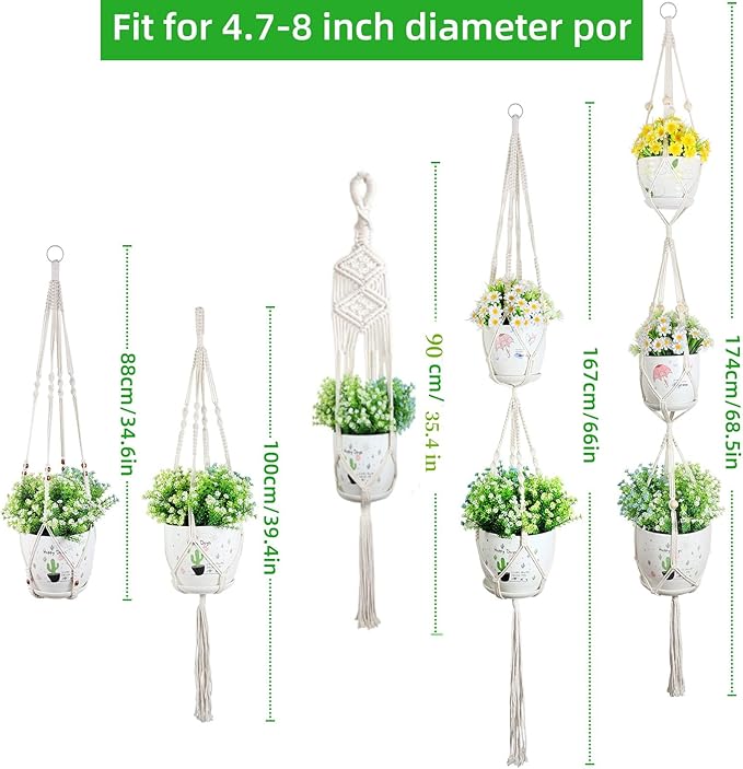PEN&H Wall Macrame Plant Hanger Set of 5, Handmade Cotton Rope Planters Flowers Hanger, Bohemian Style Hanging Plants Holder for Indoor Outdoor Decoration Creamy White (POTS NOT Included)