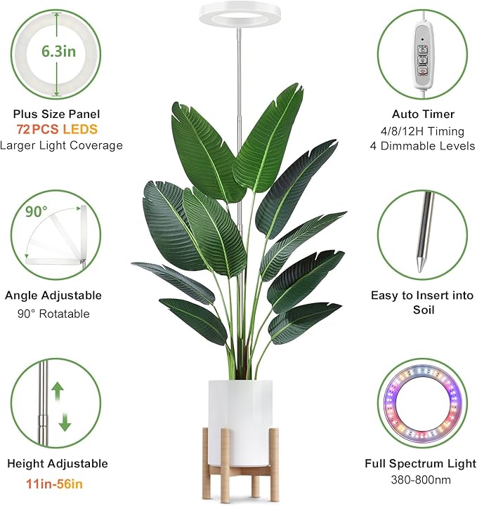 LBW Plant Grow Light, 72 LEDs Full Spectrum Grow Lights for Indoor Plants,Large Grow Lamp with 4/8/12H Auto Timer & 4 Dimmable Brightness, Height Adjustable, Ideal for Tall Plants,White