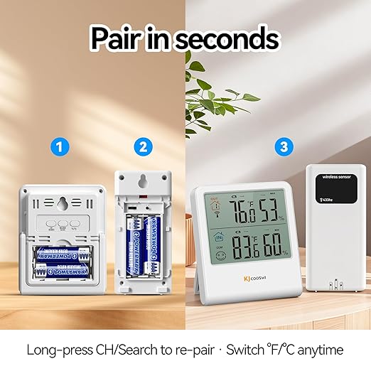 Indoor Outdoor Thermometer Hygrometer, Wireless Digital Temperature & Humidity Monitor with Outdoor Sensor, 328ft Range, Backlight LCD Display for Home, Room, Patio, Battery Included