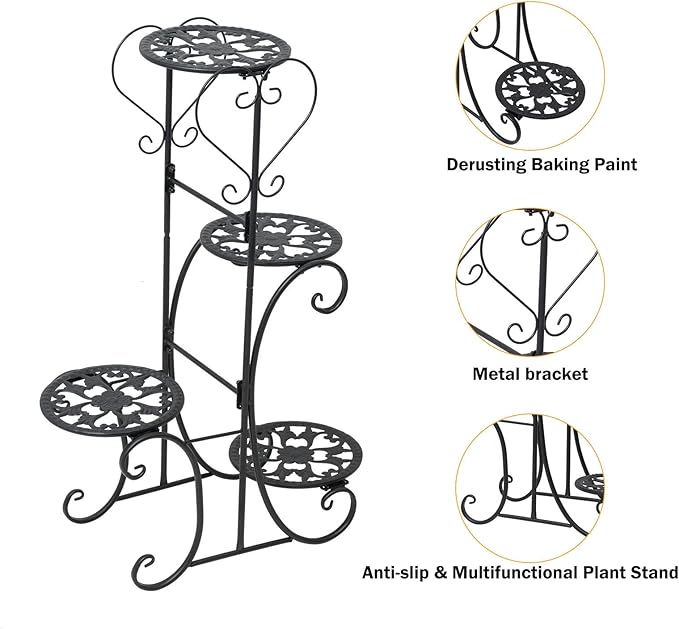 Metal Plant Stand Indoor & Outdoor Wrought Iron Plant Stands Flower Pot Holder Shelf for Multi Plants, Flower Holder Racks for Patio Garden, Living Room, Corner Balcony (4 Tier)