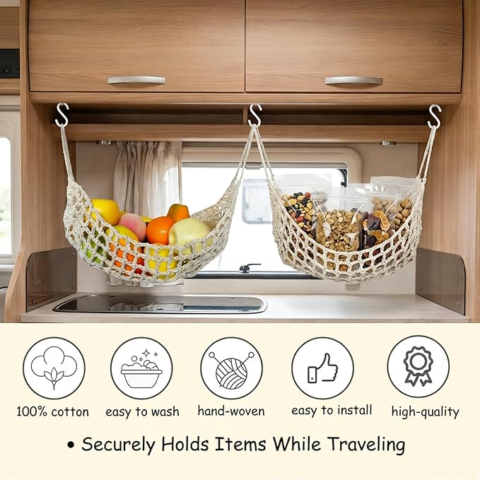Hanging Fruit Hammock Under Cabinet, 13×16in Macrame Hanging Fruits Basket with 4 Hooks Fruit Net Banana Hammock Hanging Storage Veggie Hanger Basket for Kitchen Home Boat Rv(Beige)