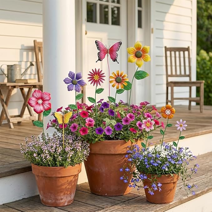 hogardeck Garden Decor for Outside, Set of 10 Metal Flowers Decorative Garden Stakes for Spring Decor, Yard Art Garden Decorations for Outdoor Lawn Porch Pathway (Multi-Color) (Color b)