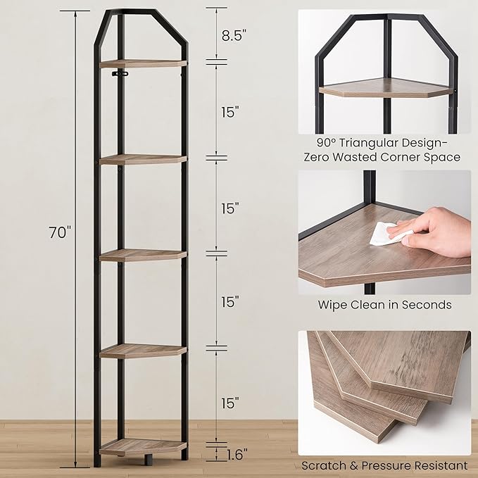 70 Inch Corner Shelf with LED Lights, 5-Tier Corner Bookshelf for Small Spaces, Wood & Metal Storage Rack for Bedroom, Living Room, Office - Modern Space Saving Design- Grey