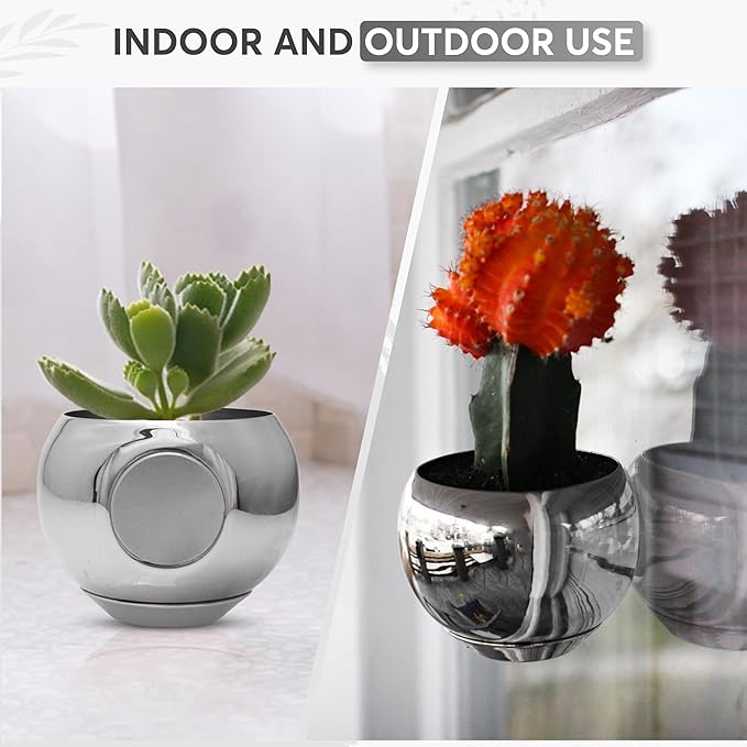 Magnetic Plant Pot - Unique Window Planter for Herbs, Succulents, Indoor & Outdoor Greenery - Self-Adhesive Magnet Attachment, Drainage Holes, Detachable Reservoir - Silver