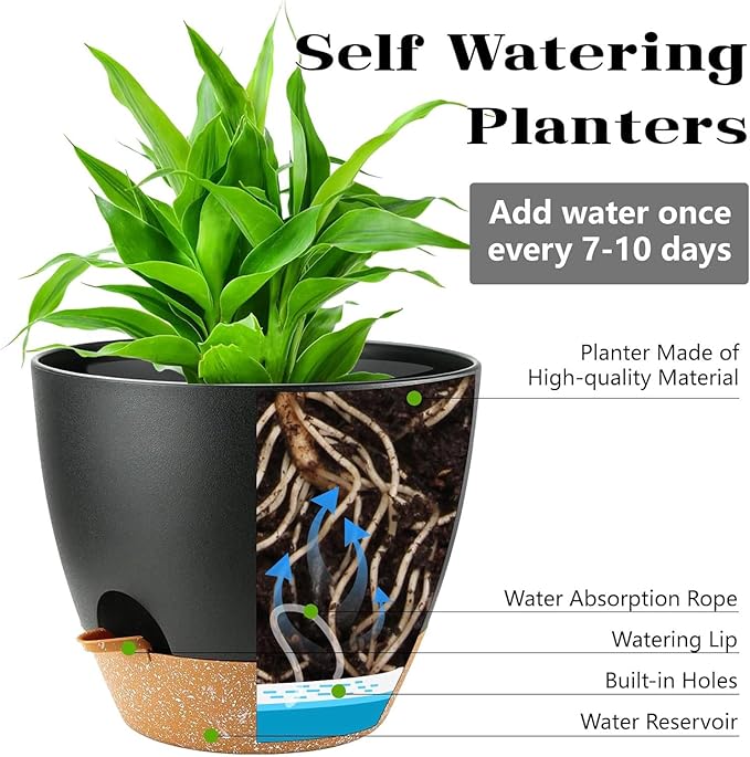 5-Pack Plant Pots with Drainage 7/6.5/6/5.5/5 Inch, Self Watering Pots for Indoor Plants, Planters for Indoor Outdoor Plants, Plastic Flower Pot, Planter for Indoor Outdoor (Black)