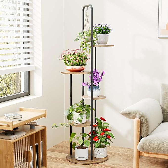 REFGY Tall Plant Stand Indoor - 5 Tier 6 Potted Vertical Plant Shelves with Hanging Hook - Multi-Tiered Wood Textured Plant Tower for Corner Space - Metal Plant Table for Home Office Decor, Rustic Brown