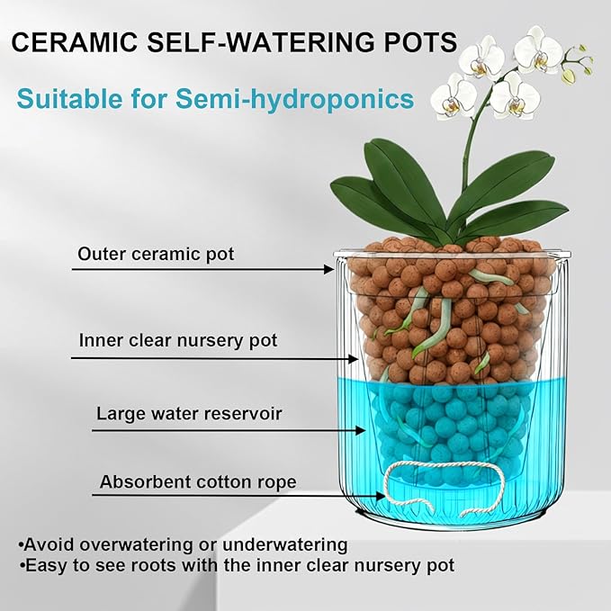 2 Pack of 5in Ceramic Cachepot with 5 inch Clear nusery Pot - self Watering Indoor Planter with Drainage for Root Visibility,semi Hydro pots for repotting Orchid,White