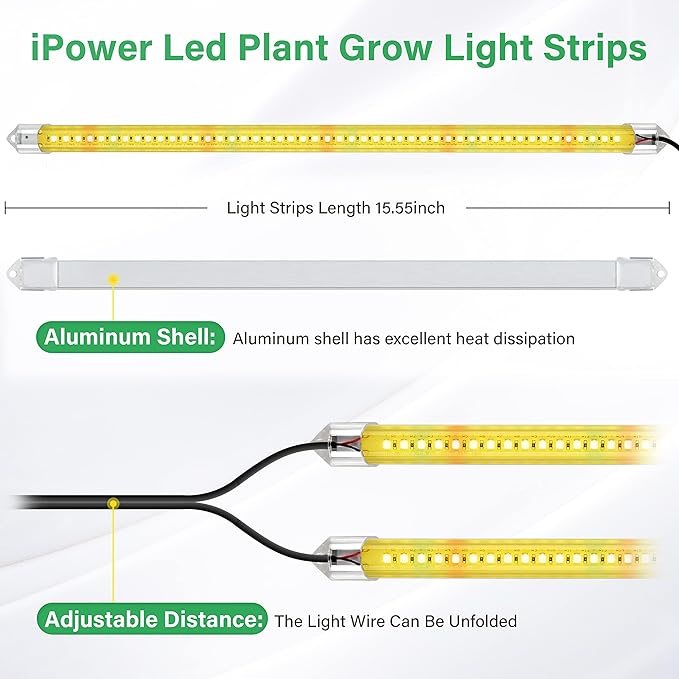 iPower 2Pack 20W LED Grow Lights with Full Spectrum Plant Growing Light Strips for Indoor Plant with Auto ON/Off 3/9/12H Timer, 10 Dimmable Levels 48 LEDs Per Tude, 2 Tubes, Yellow