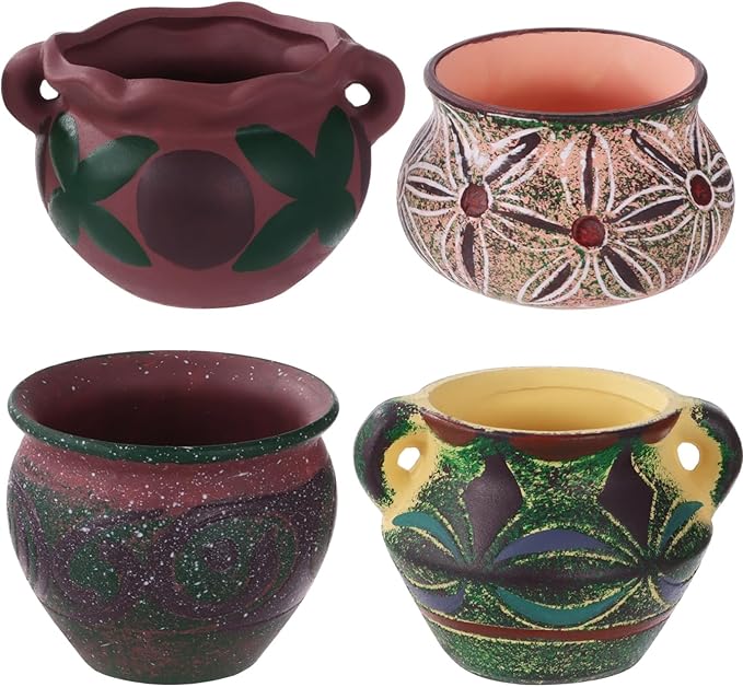 4 Pcs Ceramic Plant Pots, 5.1/4 / 5.2/3.9 in Small Succulent Pots with Drainage Hole, Decorative Flower Pots, Bohemian Style Indoor Pots Set for Home Decor
