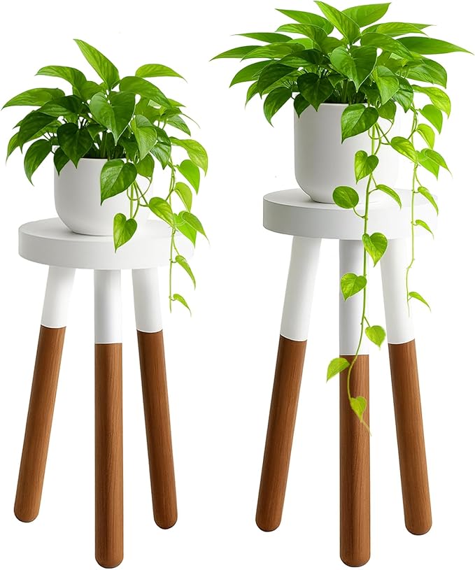 LitaEther 12" Reverse Dipped Wood Plant Stand, Wood Accent Stool,Side Table Set Bath Stool (20"+24" Tall)