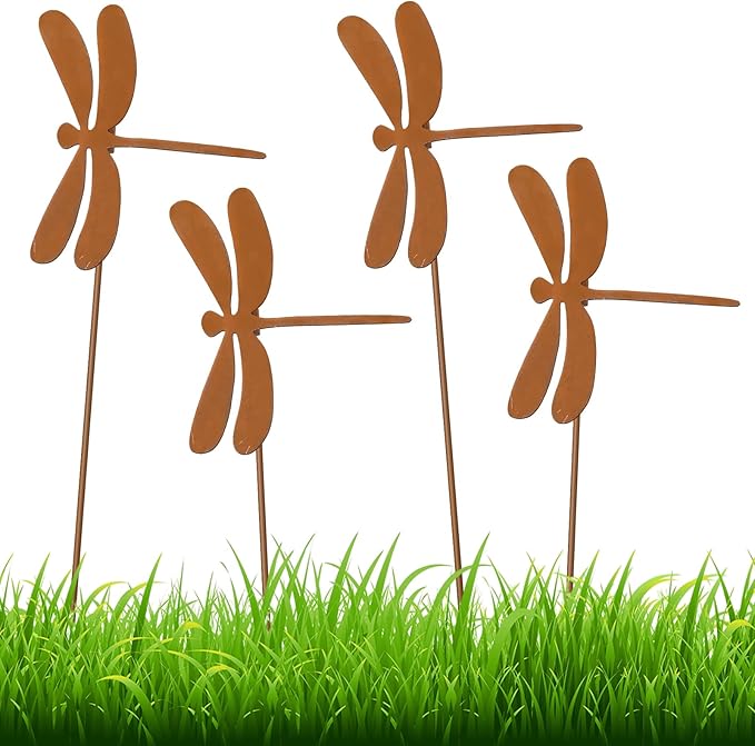 Maxdot 4 Pcs 23.6 Inch Dragonfly Garden Stakes Decor Metal Dragonfly Outdoor Decor Plant Stakes Decorative Outdoor Lawn, Plants Decorative Stake for Lawn Pathway Patio Garden Yard