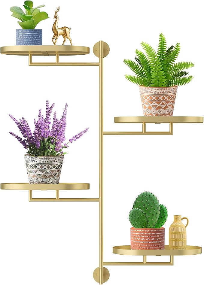 YQSLYSF Window Rotating Plant Stand Shelf Indoor Gold Metal Floating Shelves 4-Tier Wall Mount Plant hanger Holders for Wall Planter Modern Home Decor window sill gifts