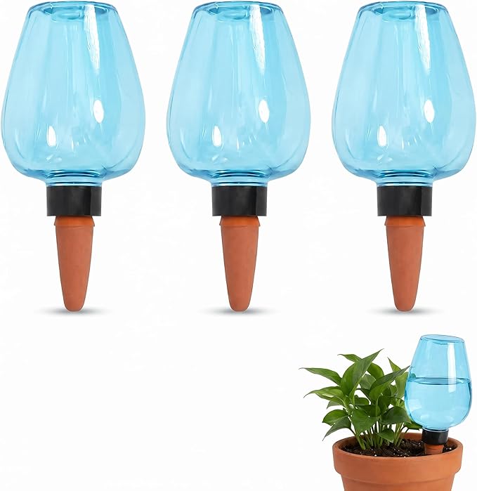 3 pcs Self Watering Globes for Indoor Plants - Top-Fill 11.8oz Blue Plant Watering Devices for Vacation, Plastic Watering Bulbs with Terracotta Spikes