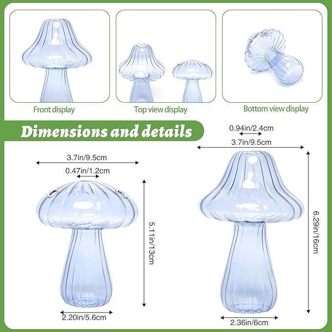 Mushroom Glass Vase Propagation Stations Flower Vases Home Decor Mushroom Planter Cute Vases Garden Decoration Set of 2