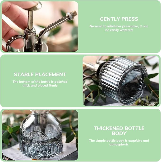 Glass Plant Mister 6.30x3.15 Inch Portable Handheld Fine Mist Vintage Embossment Plant Mister with Handle for Indoor Garden, Décor de pelouse