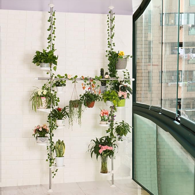 BAOYOUNI Indoor Plant Stands Spring Double Tension Pole Metal Flower Display Rack Space Saver Corner Floral Pot Storage Shelf with 12 Trays, 2 Hooks & 1 Telescopic Rod for Clothes Drying Hanger, Ivory