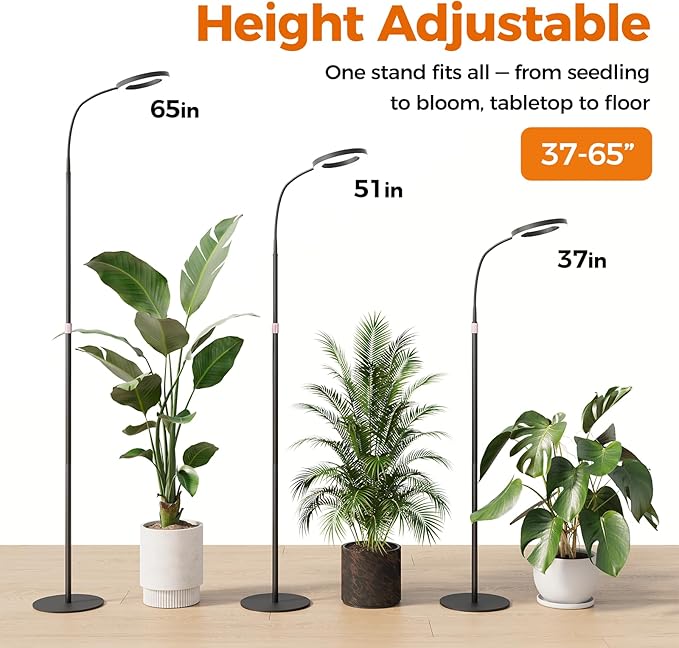 Bamworld Grow Lights for Indoor Plants, Full Spectrum Plant Lights for Indoor Growing, Floor Grow Lamp for Large Plants, Auto ON/Off Timer 3/9/12H, 10 Dimmable Levels, 37-65" Adjustable Height