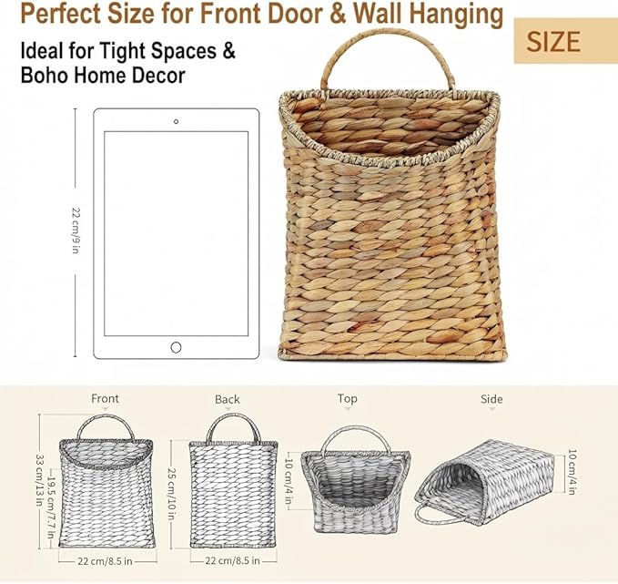 Front Door Basket - Rustic Farmhouse Hanging Door Basket, 13x8.5 Inch Water Hyacinth Hanging Woven Basket with Seagrass Mouth for Plants, Mail & Flowers Storage, Entryway Home Decor