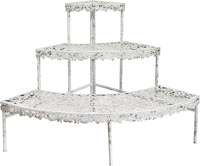 3-Tier Vintage Corner Plant Stand for Indoor Outdoor Distressed Metal Flower Pot Holder Shelves with Ornate Cutout Edges Multi-Level Planter Rack Display Corner Shelf Antique Tall Plant Shelf for Patio Porch Garden Balcony Living Room (White)
