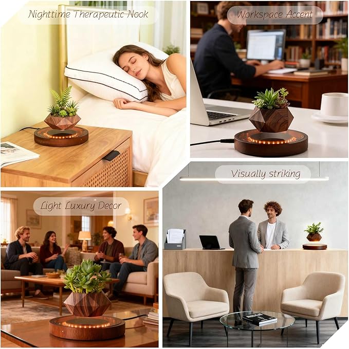 CENTRALEV Magnetic Levitating Plant Pot with LED Light, 360° Rotating Floating Planter for Succulents, Unique Gift for Christmas, Valentine's & Mother's Day, Modern Home Office Desk Decor