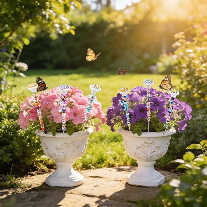 178 Pcs Beaded Garden Stakes Decorative DIY Fairy Wands Kit for Garden with 6 Colorful Cartoon Stopper Top 120 Assortment Round Large Hole Bead for Outdoor Decor